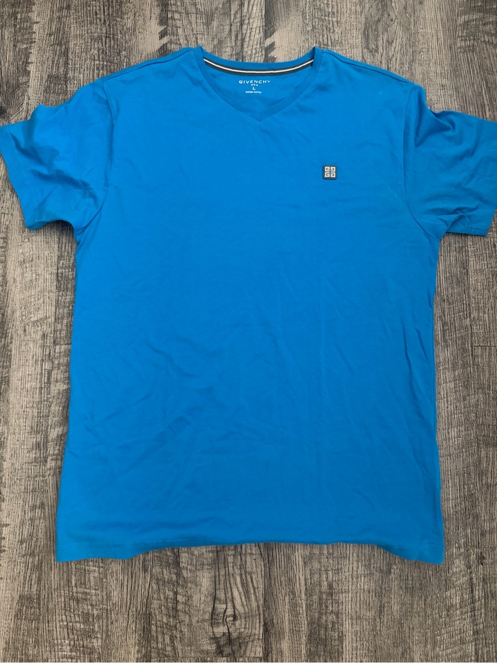 Givenchy Bright Blue V-Neck Tee with Small Logo Patch